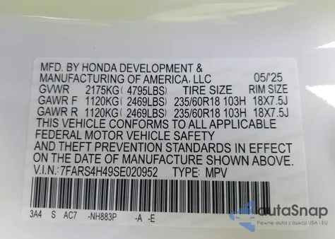 2025 Honda Cr-V Ex Awd z USA, uszkodzony, nr VIN 7FARS4H49SE020952
